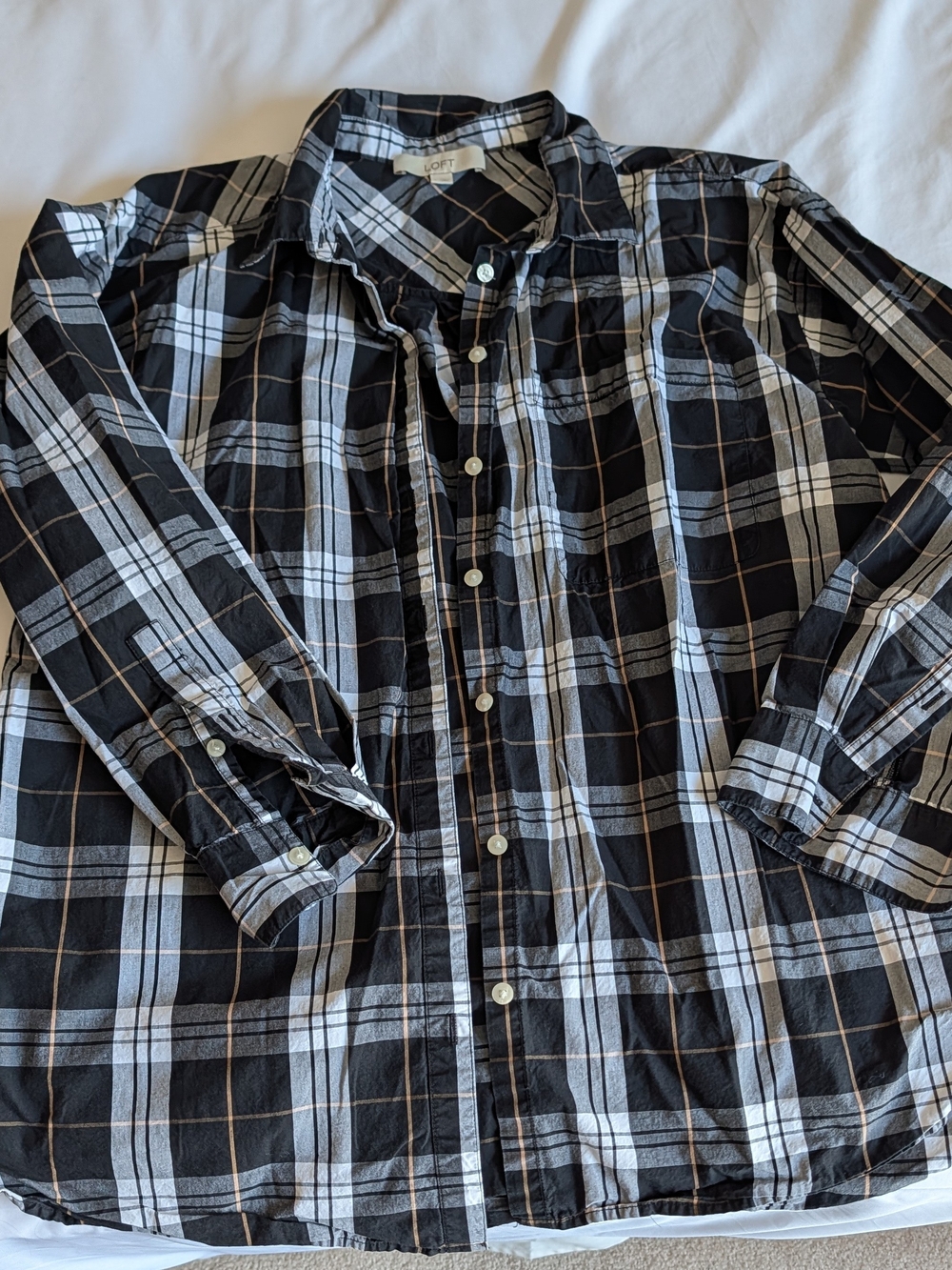 LOFT Black and White Plaid Button-Front Shirt with Thin Tan Accents